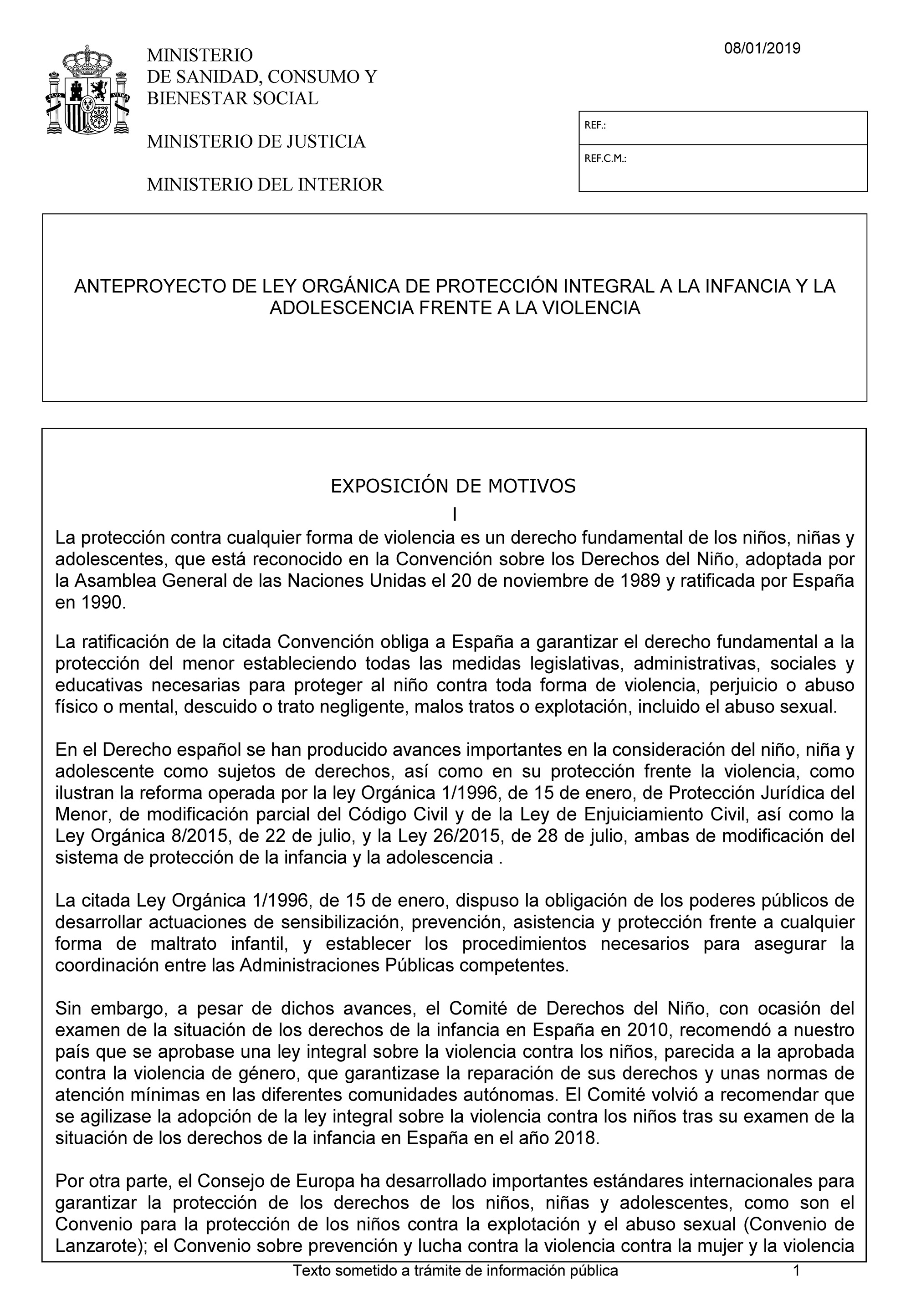 AUDIENCIA E INFORMACIÓN PÚBLICA DEL ANTEPROYECTO DE LEY ORGÁNICA DE PROTECCIÓN INTEGRAL A LA INFANCIA Y LA ADOLESCENCIA FRENTE A LA VIOLENCIA