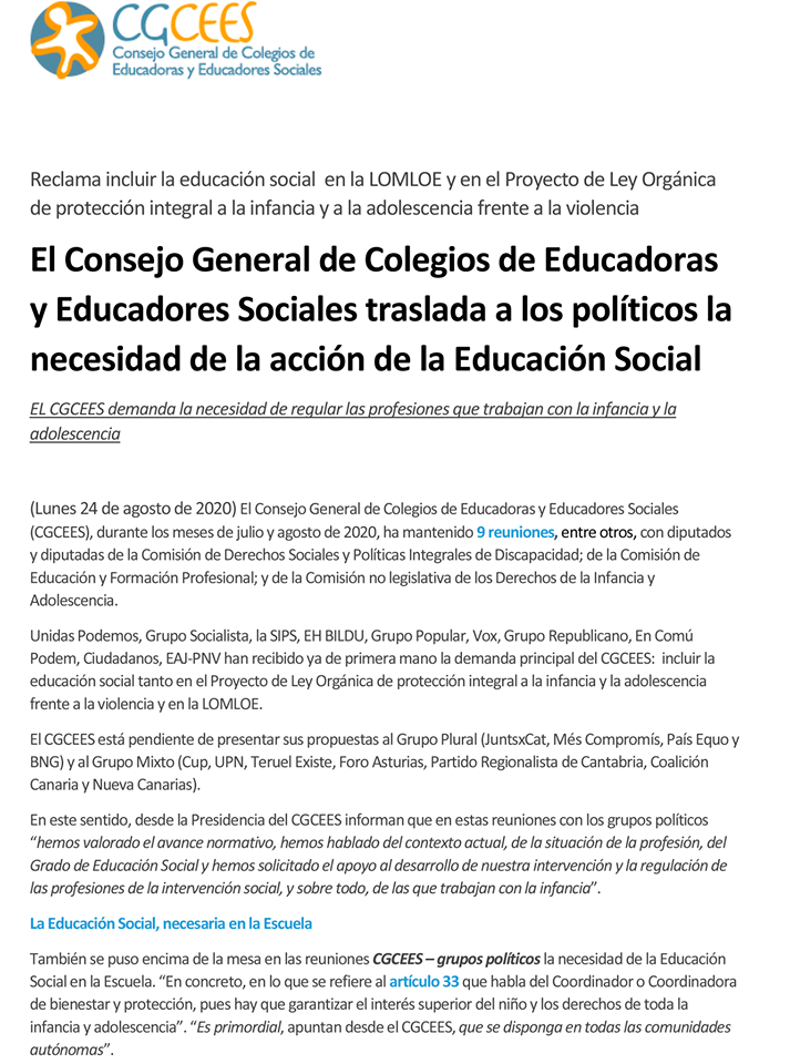 PARTIDOS REPRESENTADOS EN EL CONGRESO SE COMPROMETEN A DAR RESPUESTA AL CGCEES SOBRE LA INCORPORACIÓN DE LOS/AS EDUCADORES/AS SOCIALES EN LOS CENTROS ESCOLARES - #EducacionSocialSistemaEducativo