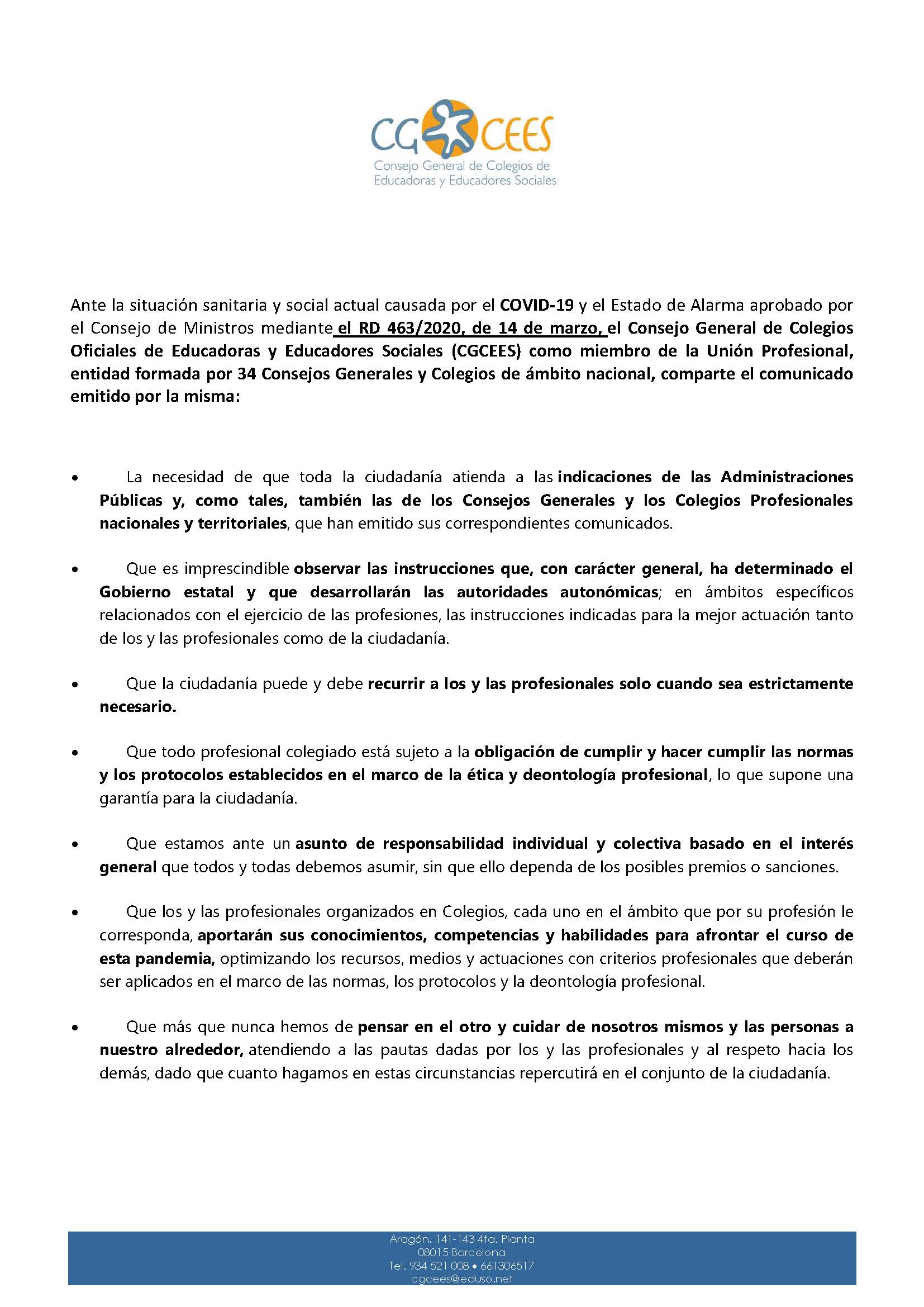COMUNICADO DEL CGCEES COMO MIEMBRO DE LA UNIÓN PROFESIONAL ESTATAL ANTE LA SITUACIÓN SANITARIA Y SOCIAL ACTUAL CAUSADA POR EL COVID-19