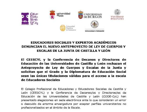 EDUCADORES SOCIALES Y EXPERTOS ACADÉMICOS RECHAZAN EL NUEVO ANTEPROYECTO DE LEY DE CUERPOS Y ESCALAS DE LA JCYL Y SOLICITAN QUE SEA LA TITULACIÓN DE EDUCACIÓN SOCIAL LA ÚNICA NECESARIA PARA EL ACCESO A LA ESCALA DE EDUCADORES SOCIALES