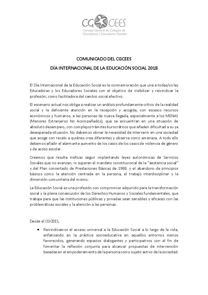 COMUNICADO DEL CGCEES. 2 OCTUBRE DÍA INTERNACIONAL DE LA EDUCACIÓN SOCIAL
