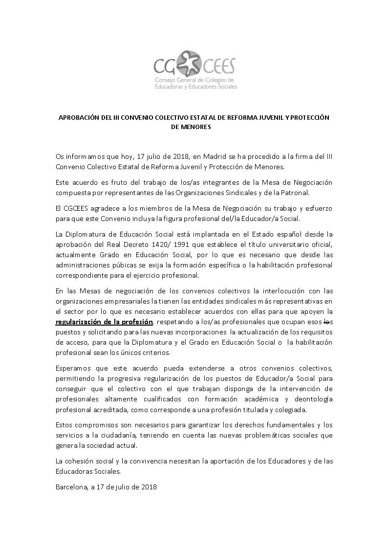 COMUNICADO DEL CGCEES SOBRE LA APROBACIÓN DEL III CONVENIO COLECTIVO ESTATAL DE REFORMA JUVENIL Y PROTECCIÓN DE MENORES. RECONOCIMIENTO DEL EDUCADOR/A SOCIAL