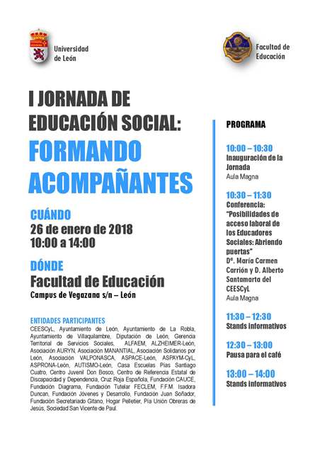 UNIVERSIDAD DE LEÓN- I JORNADA DE EDUCACIÓN SOCIAL: "FORMANDO ACOMPAÑANTES".  LEÓN, 26 ENERO 2018. CON LA PARTICIPACIÓN DEL CEESCYL