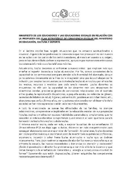 MANIFIESTO DEL CGCEES SOBRE LA PROPUESTA DEL PLAN ESTRATÉGICO DE CONVIVENCIA ESCOLAR DEL MECD