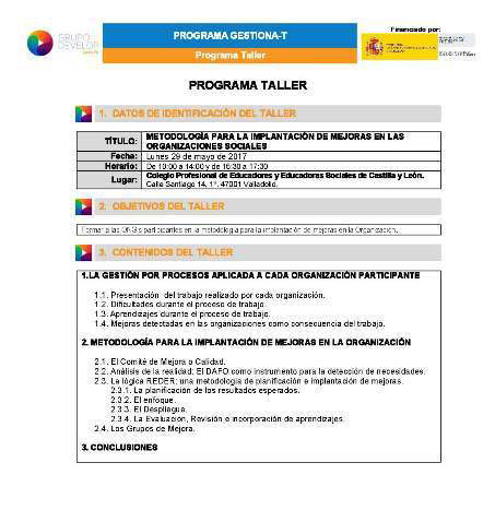 TALLER "METODOLOGÍA PARA LA IMPLANTACIÓN DE MEJORAS EN LAS ORGANIZACIONES SOCIALES". COLABORA CEESCYL