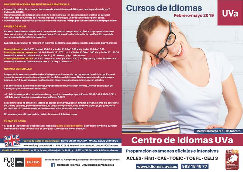 CURSOS DE IDIOMAS DE LA UVA (INTENSIVOS Y DE PREPARACIÓN EXÁMENES OFICIALES FEBRERO-MAYO 2019). DESCUENTOS PARA COLEGIADOS/AS