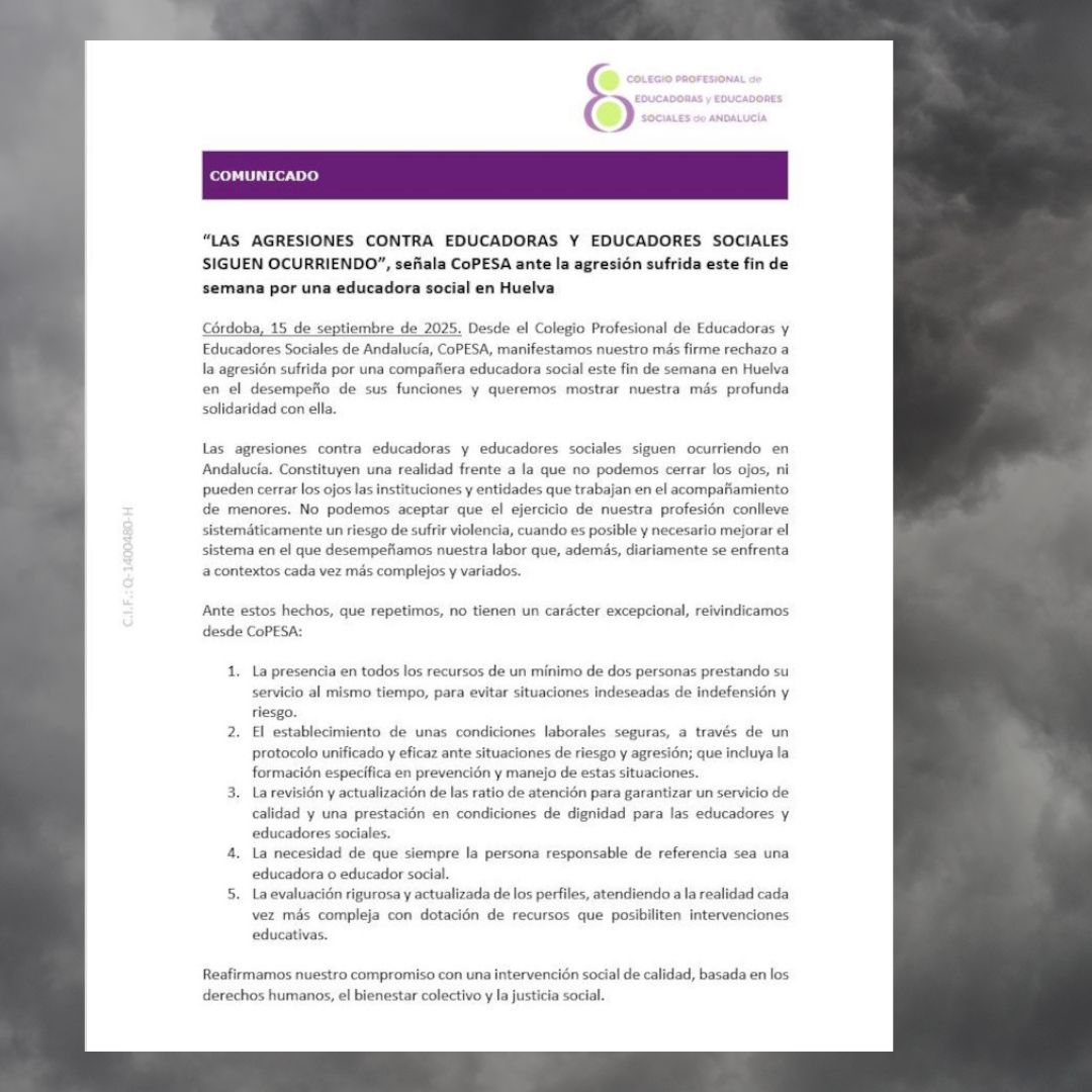 COMUNICADO DEL COPESA ANTE LA AGRESIÓN DE UNA EDUCADORA SOCIAL EN HUELVA