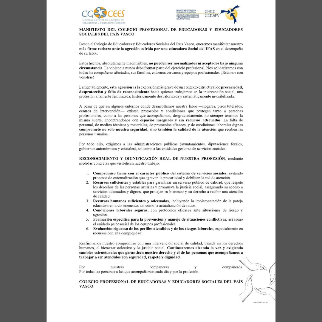 EL CEESCYL SE SUMA AL MANIFIESTO DEL GHEE-CEESPV ANTE LA AGRESIÓN A UNA EDUCADORA SOCIAL 